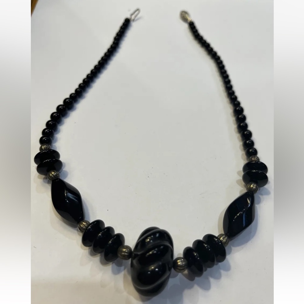 Vintage Necklace With Black Polished Melon stone Beads, Old Clasp